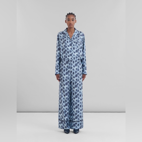 MARNI Light blue silk palazzo trousers with Crayon Leopard print - Picture 1 of 5